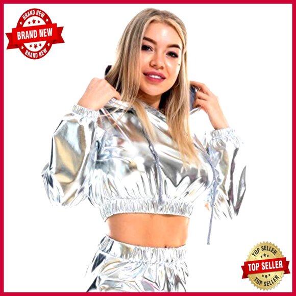 Shiny Metallic Crop Top Hoodie Long Sleeve Pullover Club Wear - Picture 4 of 6